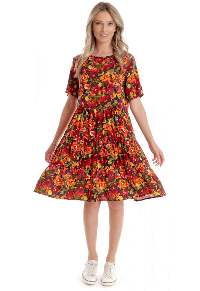 Rochie cu Volane Dama V279, Rosu cu imprimeu multicolor
