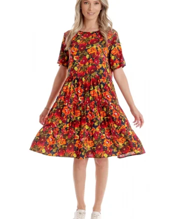 Rochie cu Volane Dama V279, Rosu cu imprimeu multicolor