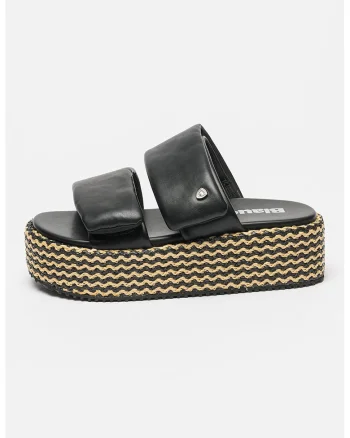 Papuci wedge de piele ecologica Opal, Negru/Bej