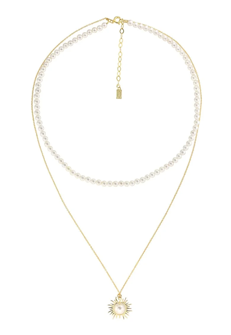 Colier placat cu aur de 14K si decorat cu perle sintetice Double Sunshine, Auriu/Alb optic