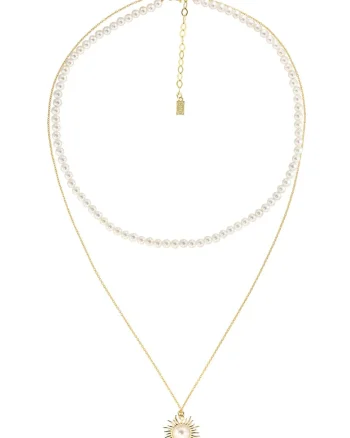 Colier placat cu aur de 14K si decorat cu perle sintetice Double Sunshine, Auriu/Alb optic