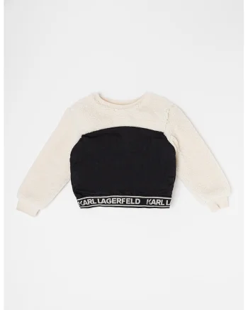 Bluza de trening cu segment din material teddy, Negru/Crem