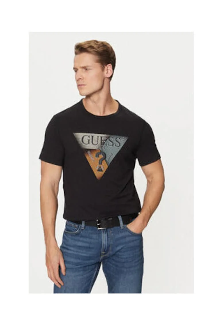 Tricou din amestec de bumbac cu imprimeu logo, Negru