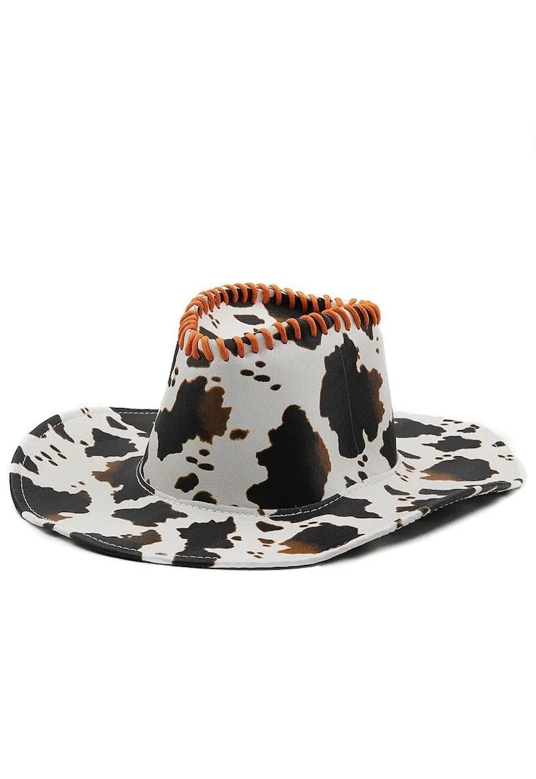 Palarie dama, alba, animal print, din piele ecologica, stil cowboy, Elita,