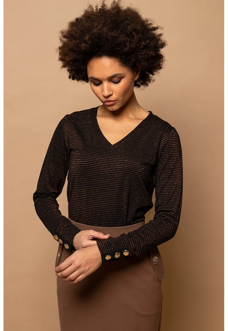 Bluza cu decolteu in V si aspect stralucitor, Negru