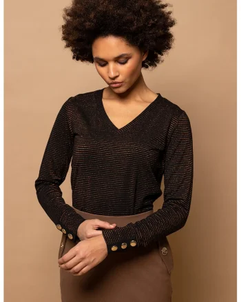 Bluza cu decolteu in V si aspect stralucitor, Negru