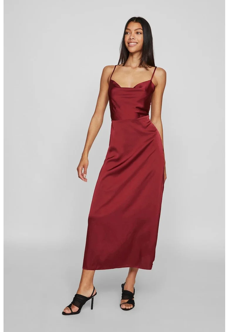Rochie maxi cu aspect satinat, Rosu inchis
