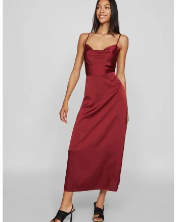Rochie maxi cu aspect satinat, Rosu inchis