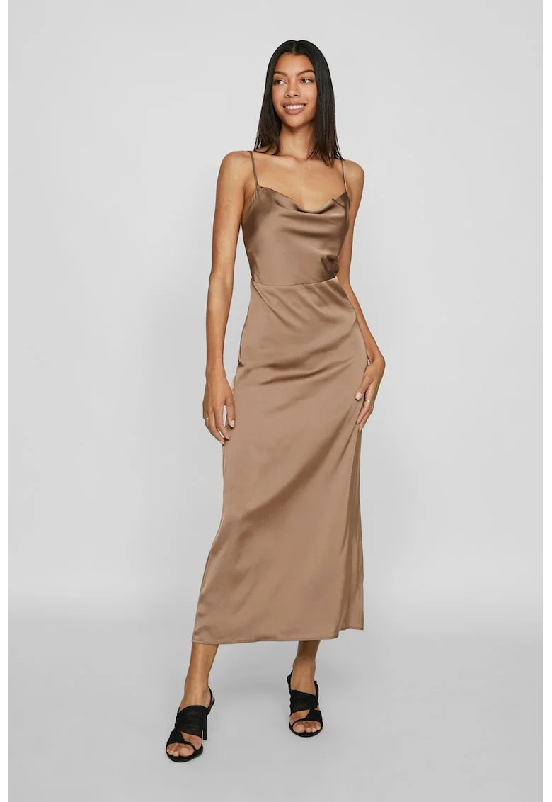 Rochie maxi cu aspect satinat, Bej