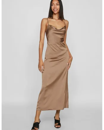 Rochie maxi cu aspect satinat, Bej
