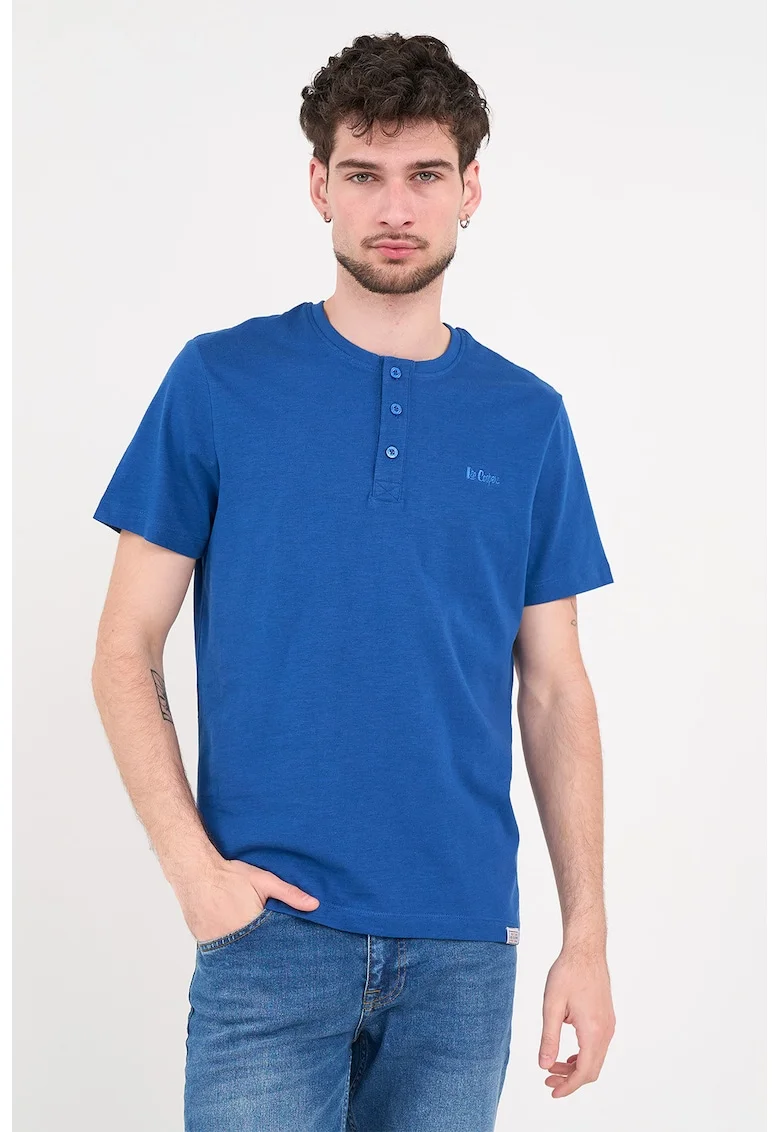 Tricou de bumbac cu decolteu la baza gatului, Albastru royal