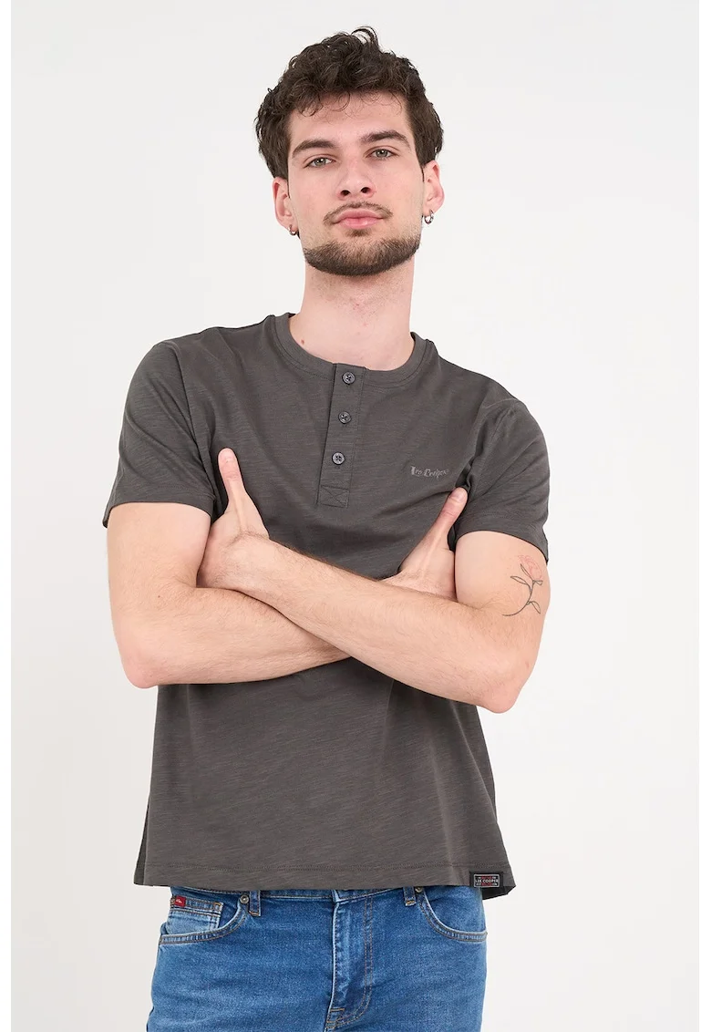 Tricou de bumbac cu decolteu la baza gatului, Gri carbon