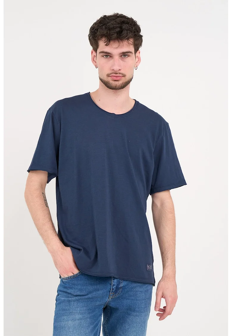 Tricou de bumbac cu decolteu la baza gatului, Bleumarin