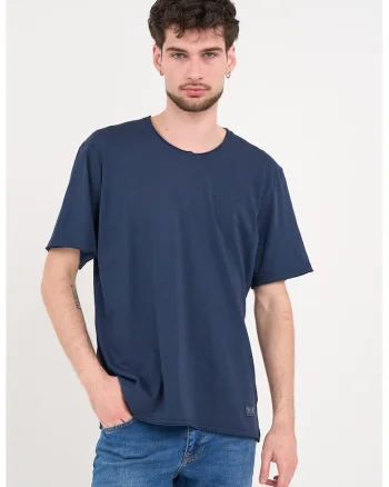 Tricou de bumbac cu decolteu la baza gatului, Bleumarin