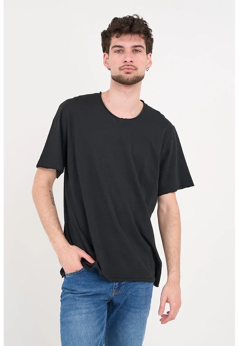 Tricou de bumbac cu decolteu la baza gatului, Negru stins