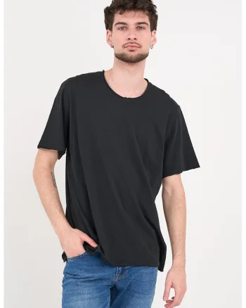 Tricou de bumbac cu decolteu la baza gatului, Negru stins