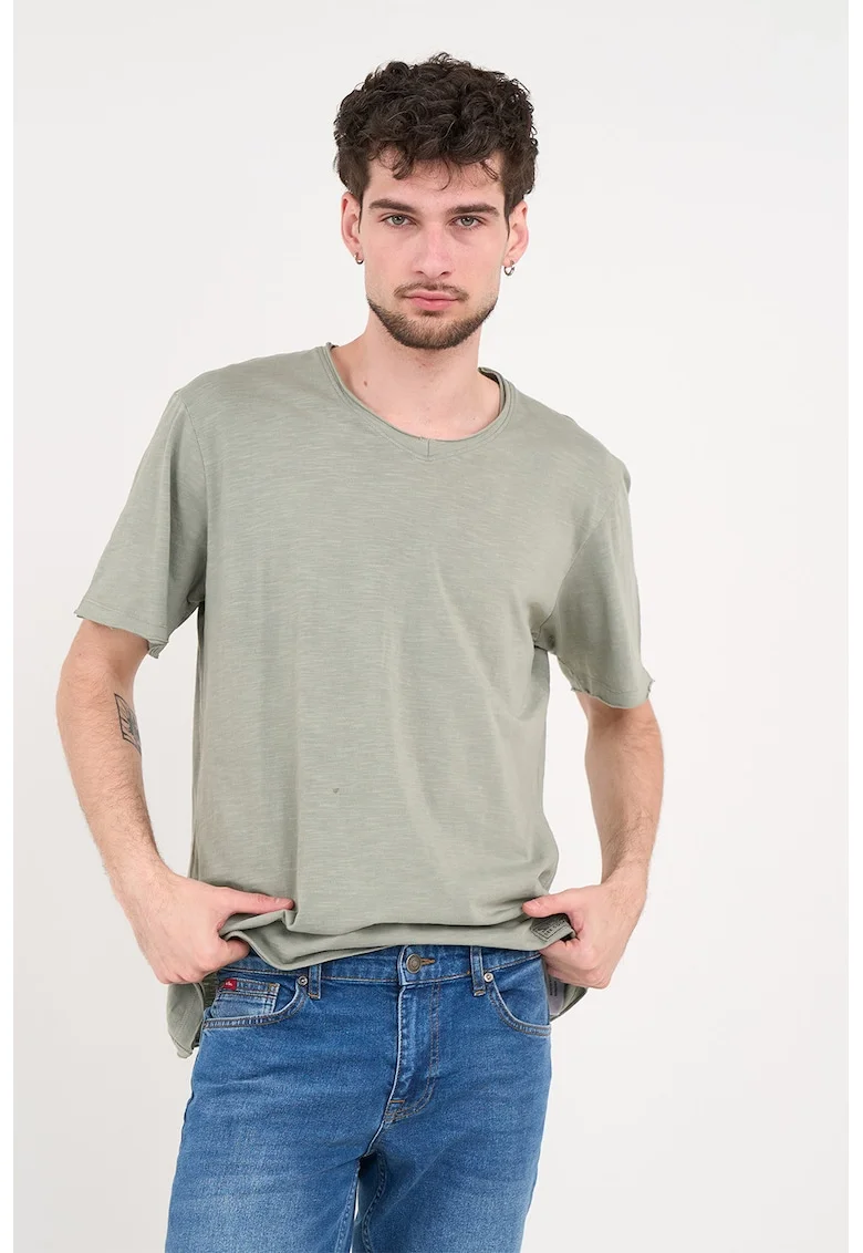 Tricou de bumbac cu decolteu la baza gatului, Gri antracit