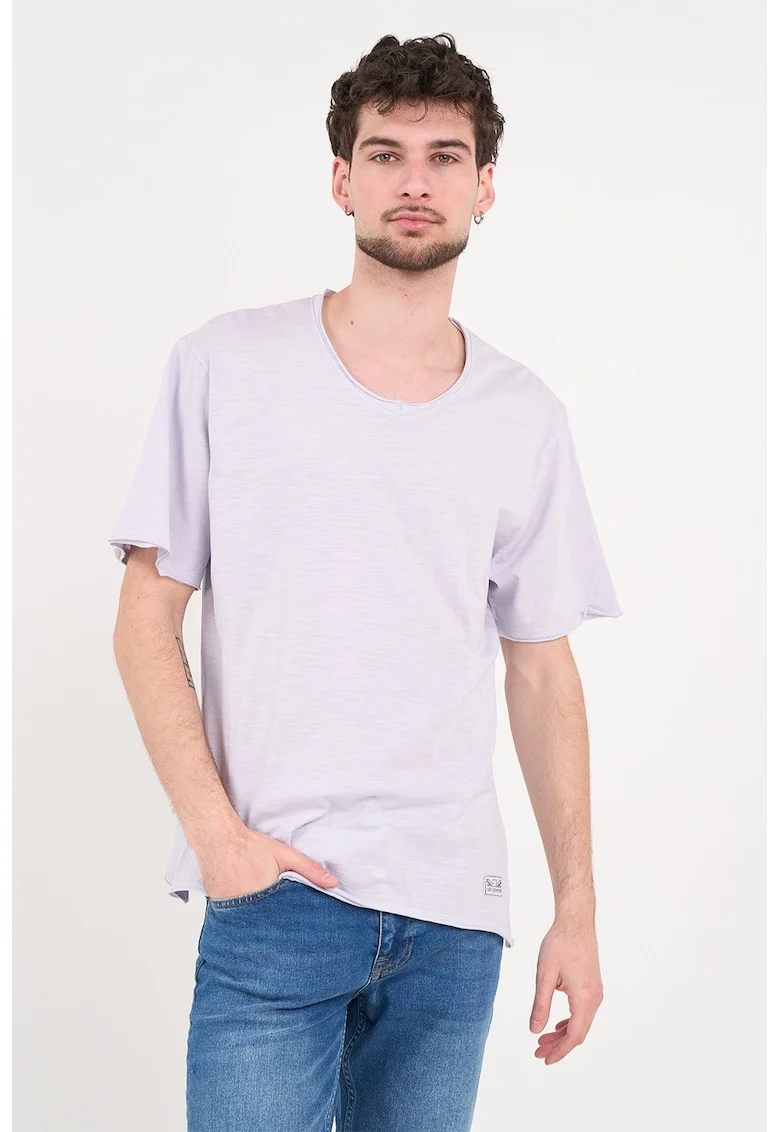 Tricou de bumbac cu decolteu la baza gatului, Lila