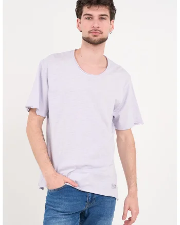 Tricou de bumbac cu decolteu la baza gatului, Lila