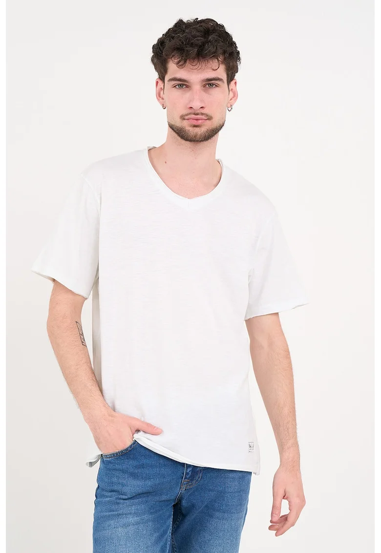 Tricou de bumbac cu decolteu la baza gatului, Alb optic
