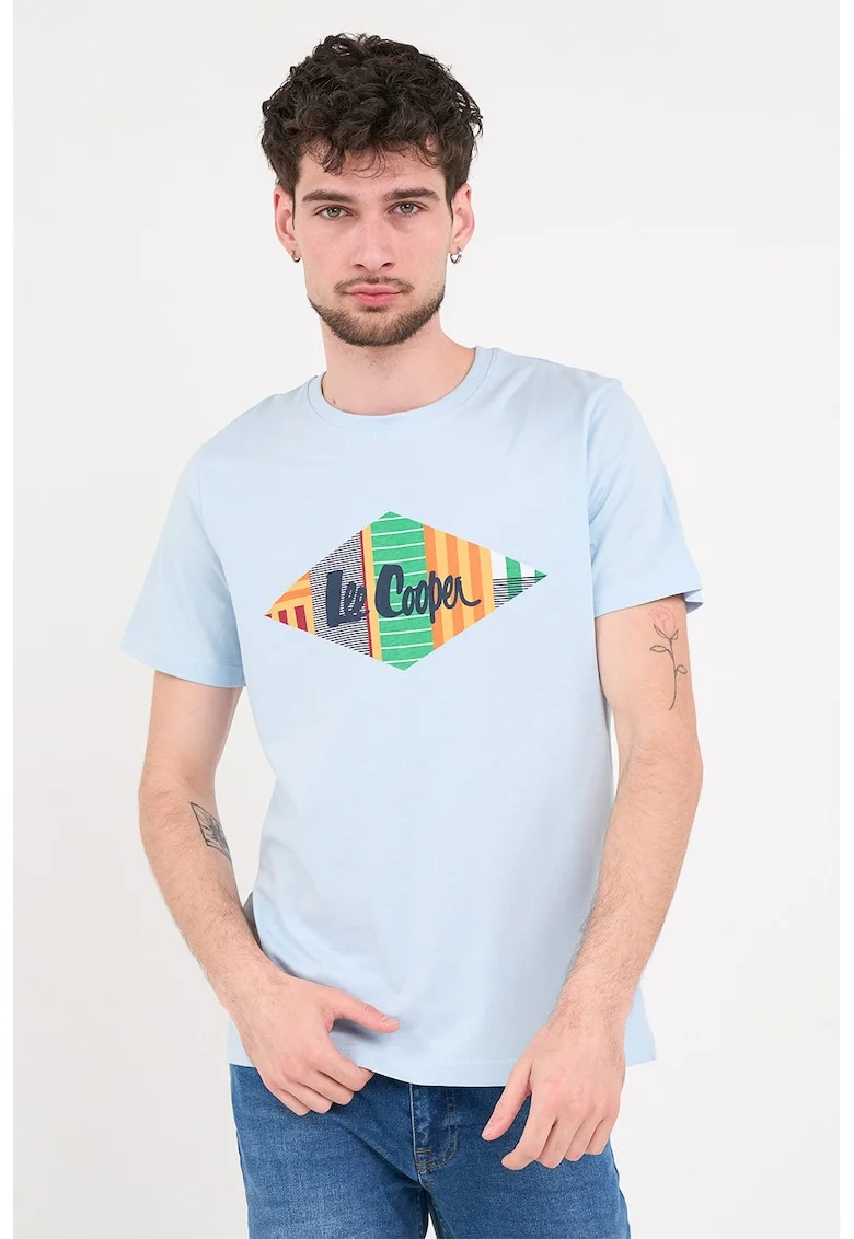 Tricou cu decolteu la baza gatului si imprimeu logo, Albastru pastel