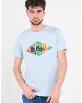 Tricou cu decolteu la baza gatului si imprimeu logo, Albastru pastel