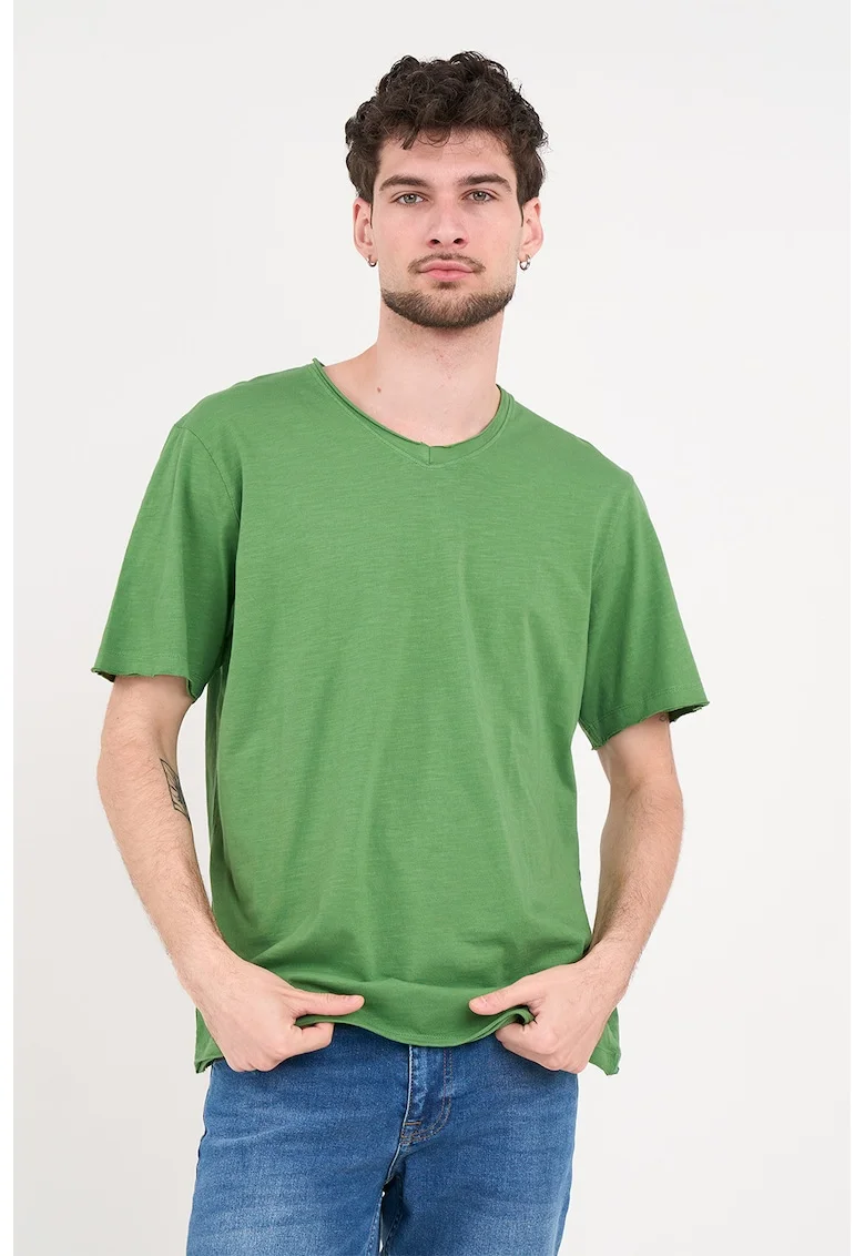 Tricou de bumbac cu decolteu la baza gatului, Verde fistic