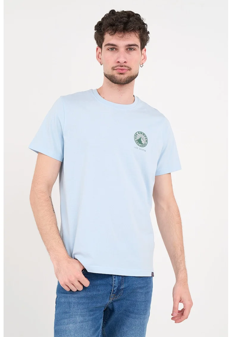 Tricou de bumbac cu imprimeu logo pe spate, Albastru pastel