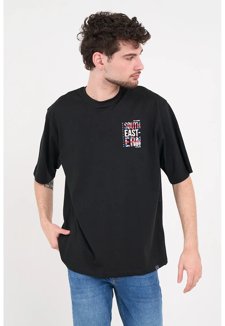 Tricou de bumbac cu imprimeu text pe spate, Negru