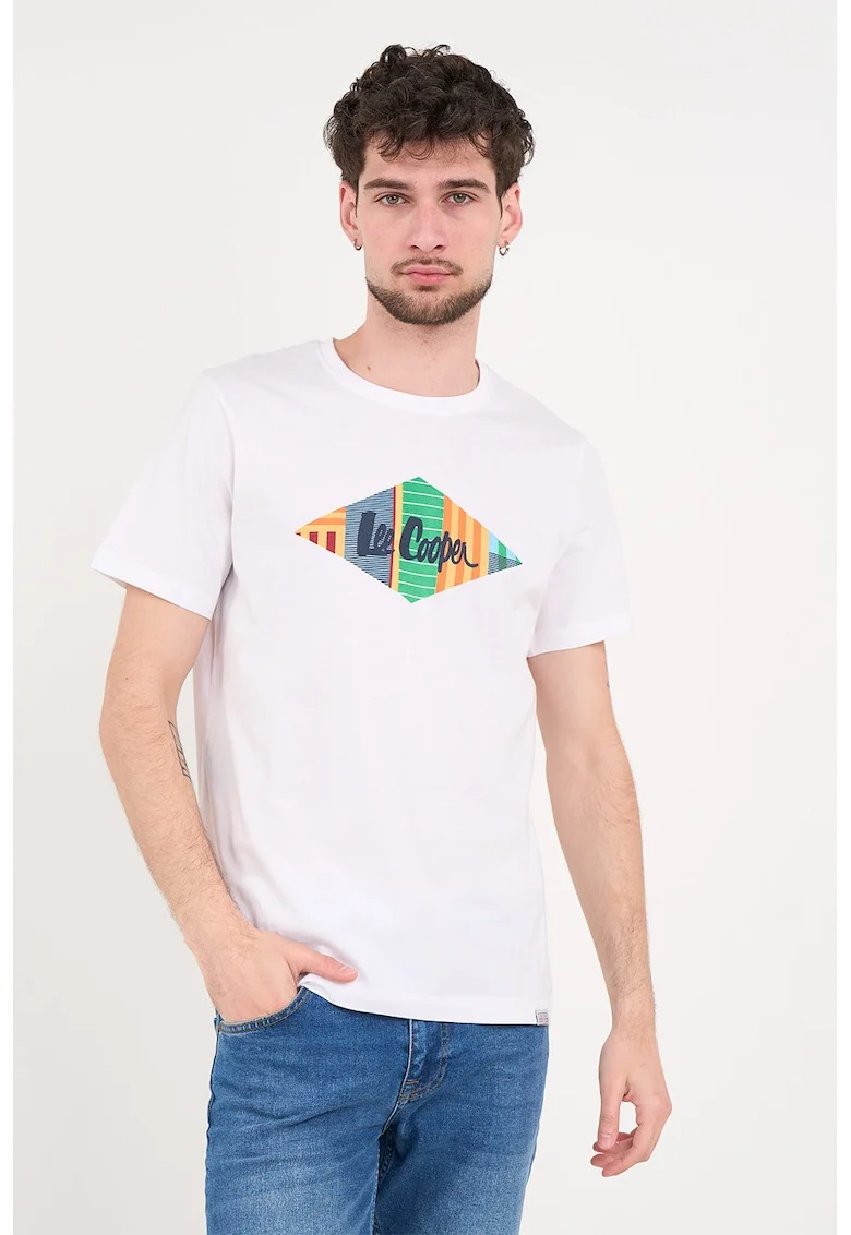 Tricou de bumbac cu imprimeu logo, Alb optic