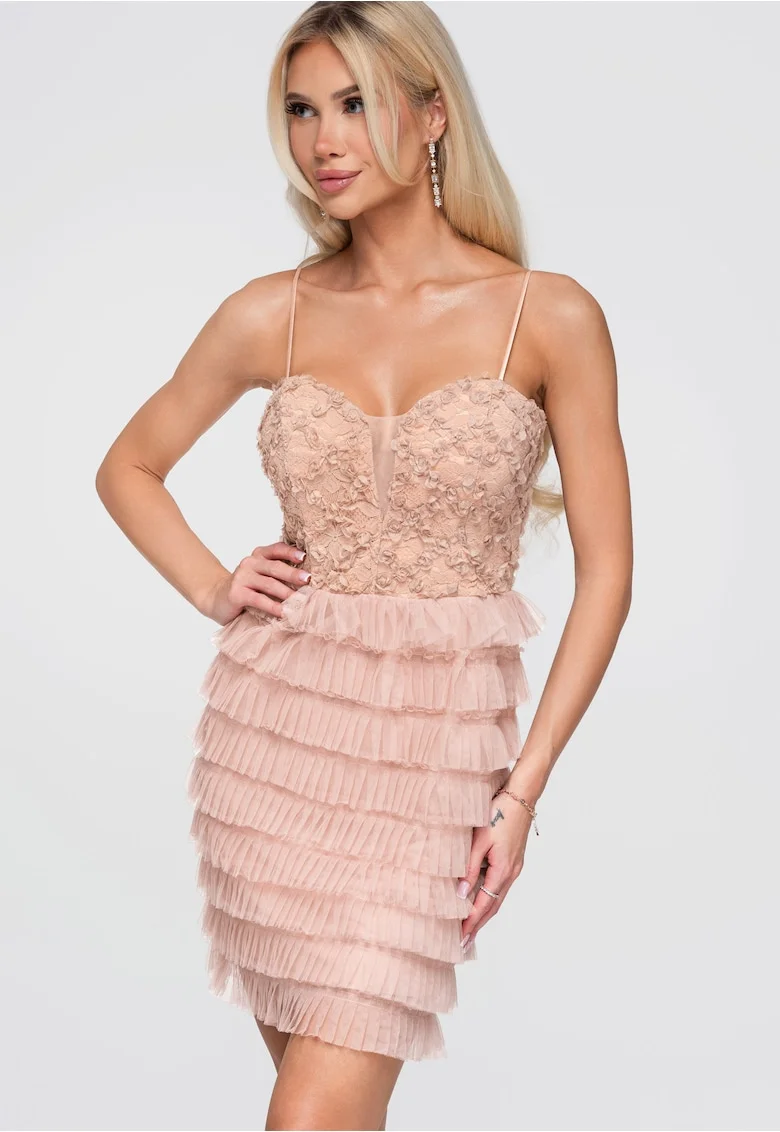 Rochie cocktail mini, cu bust ajustat si fusta inflorata