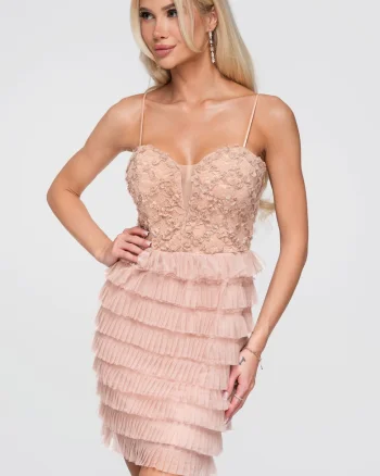 Rochie cocktail mini, cu bust ajustat si fusta inflorata