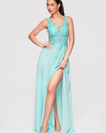 Rochie Maxi de Seara Eleganta cu Dantela si Croiala Ampla, Albastru deschis