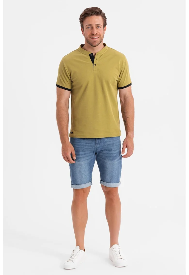 Tricou de bumbac cu fenta cu nasturi, Verde masliniu deschis
