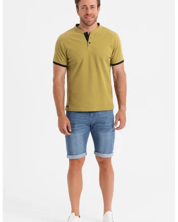 Tricou de bumbac cu fenta cu nasturi, Verde masliniu deschis