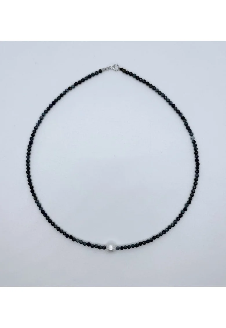 Colier handmade. realizat din pietre semipretioase Azurit, perla de cultura, accesorii argint925, lungime:39 cm