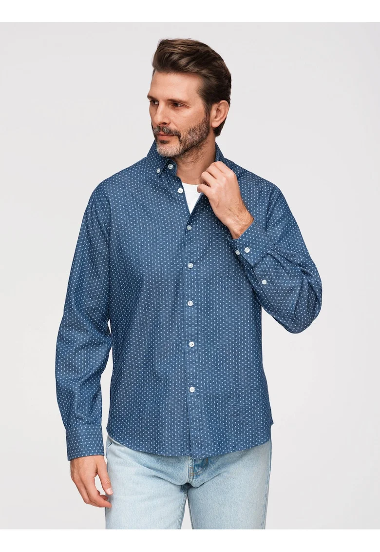 Camasa Barbati Denim Regular Fit cu Guler Button Down, Albastru indigo