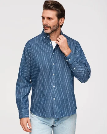 Camasa Barbati Denim Regular Fit cu Guler Button Down, Albastru indigo