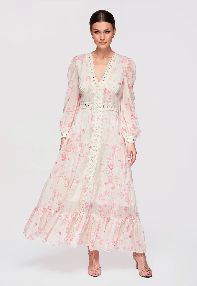 Rochie de cocktail maxi  LA-OM-DLR298, Roz/Crem