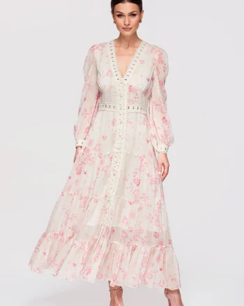Rochie de cocktail maxi  LA-OM-DLR298, Roz/Crem