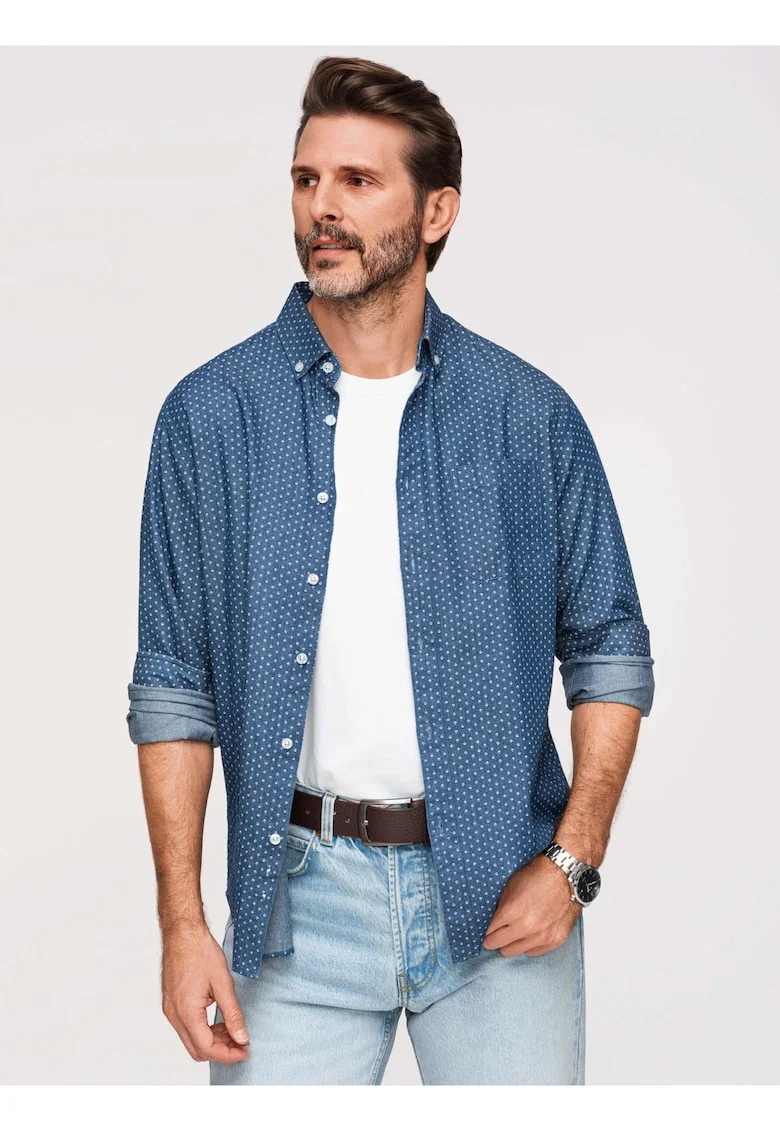 Camasa Barbati Denim Regular Fit cu Guler Button Down, Albastru inchis