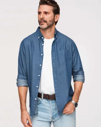 Camasa Barbati Denim Regular Fit cu Guler Button Down, Albastru inchis