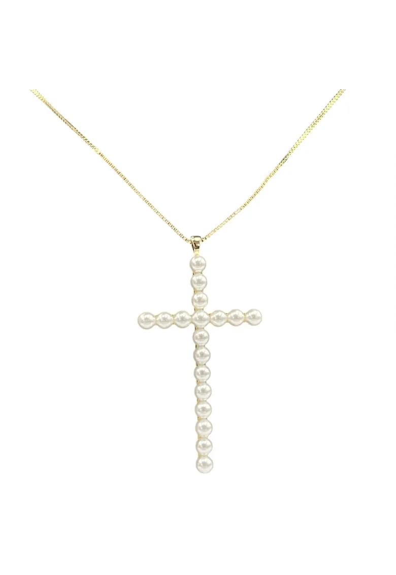Colier Auriu  cu Pandantiv Cruce, Perle, 40x5cm