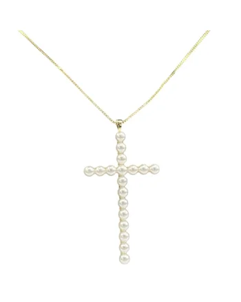 Colier Auriu  cu Pandantiv Cruce, Perle, 40x5cm