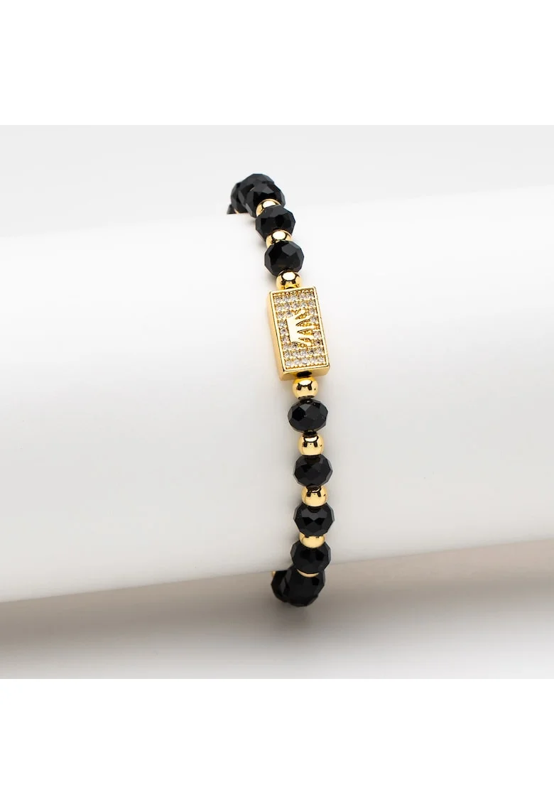 Bratara handmade  bile placate cu aur de 14K, cristale negre, ajustabila
