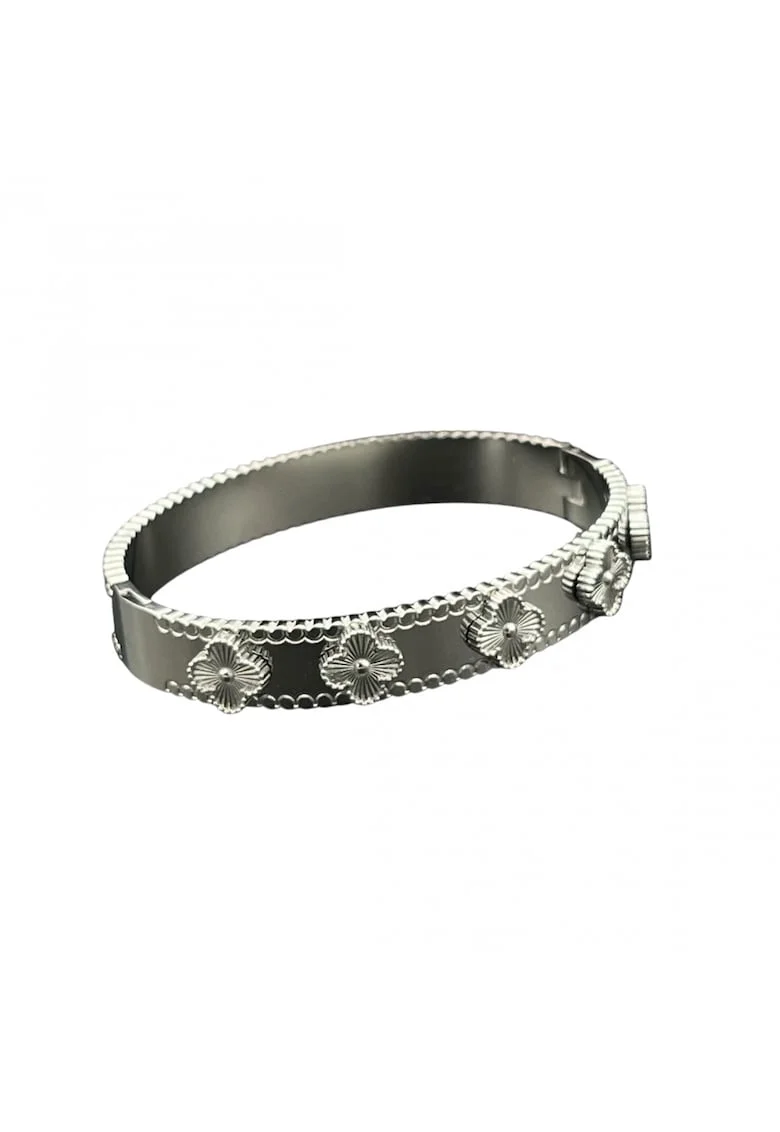 Bratara  bangle cu flori in relief, argintie, diametru 6cm