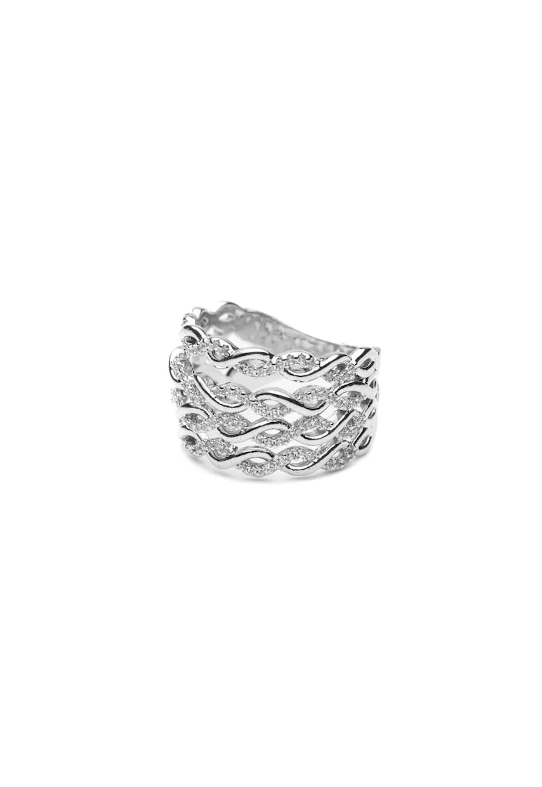 Inel Kelly,  placat cu aur alb de 14K, cristale Zirconia, culoare argintie, dimensiune ajustabila