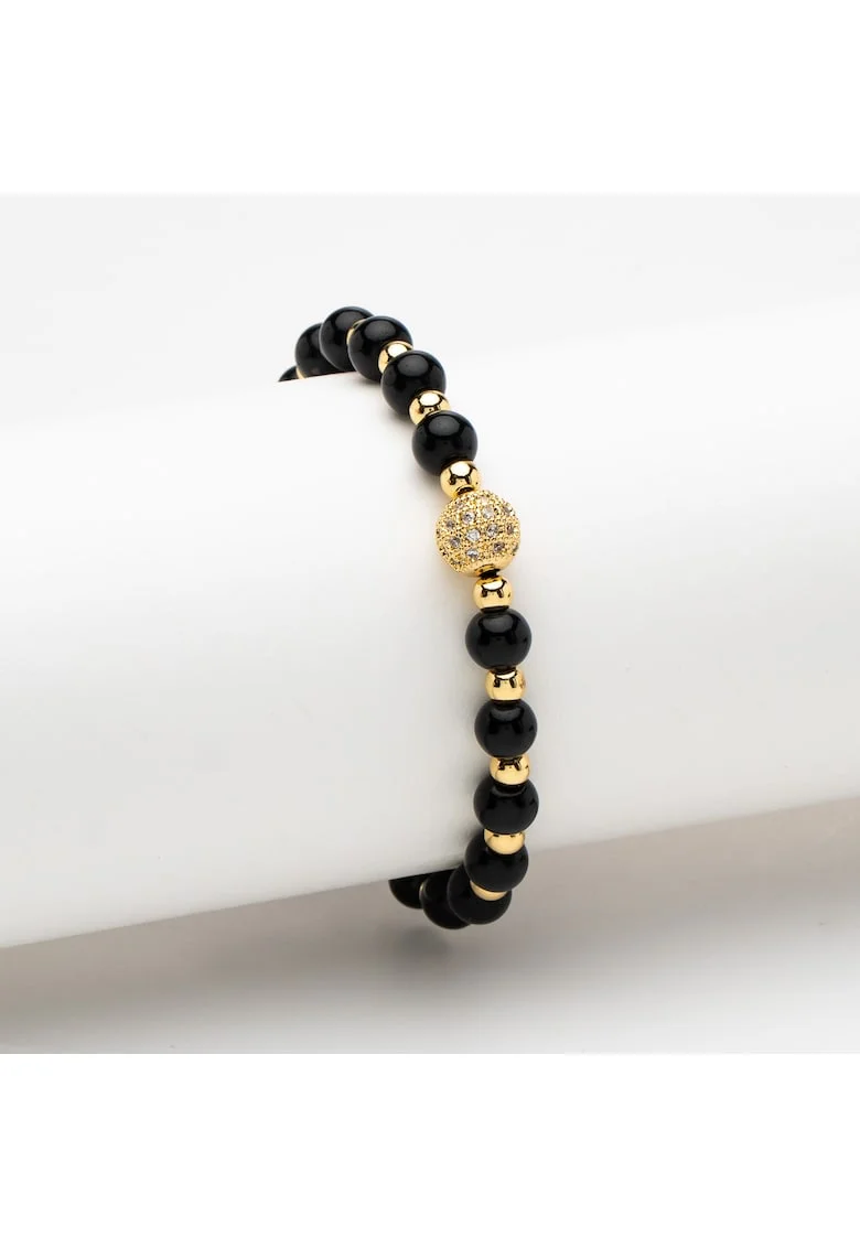 Bratara handmade  cu pandantiv rotund, cristale negre si aur galben de 14K, dimensiune ajustabila
