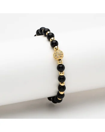 Bratara handmade  cu pandantiv rotund, cristale negre si aur galben de 14K, dimensiune ajustabila