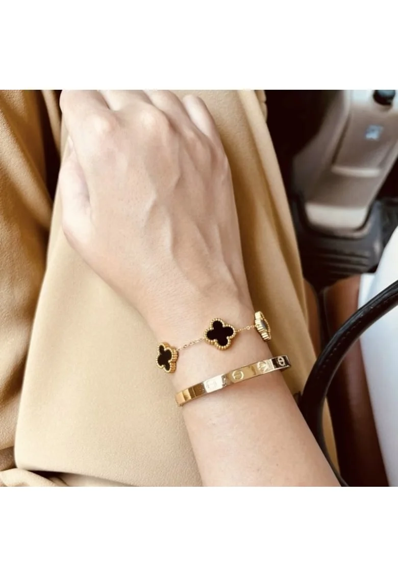 Set 2 Bratari  Alhambra Black + LOVE, inoxidabil placat cu aur 14K, 18cm + 6cm